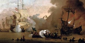 painting of Barbary pirates battling with another ship on the Mediterranean Sea