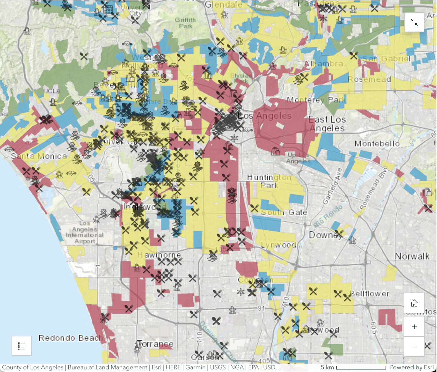 Map of Black-owned businesses in Los Angeles using 2023 Yelp API data generated with ArcGIS.