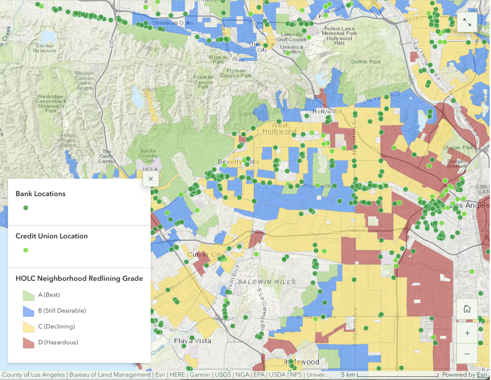 Map of Bank and Credit Union Distribution by HOLC Neighborhood Grade across Los Angeles County generated with ArcGIS.