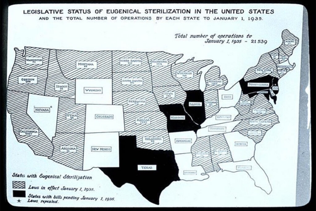 Eugenic States features a wide range of archival images, including a 1935 map that displays the status of eugenic sterilization laws across the United States.