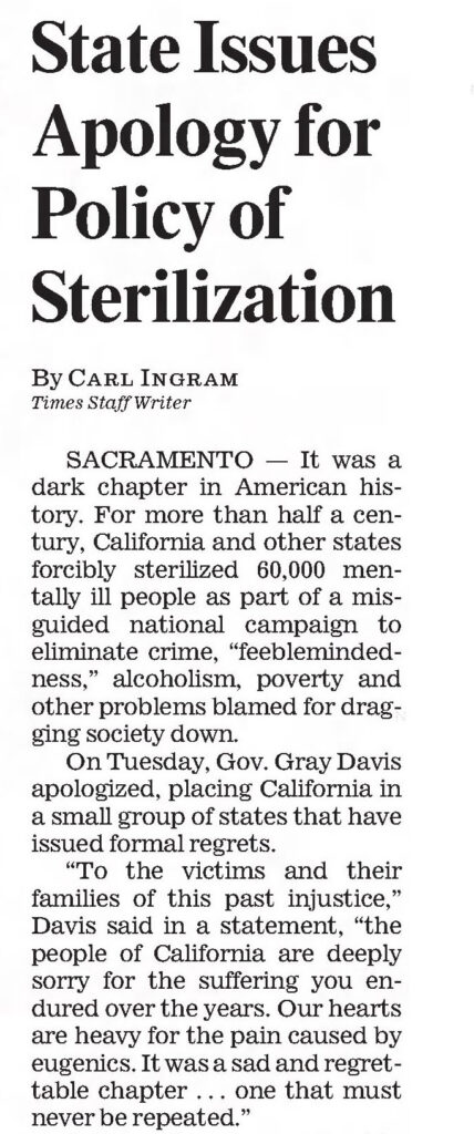 A 2003 Los Angeles Times article covered Gov. Gray Davis’ apology for California’s decades-long sterilization policy in the early 20th century.